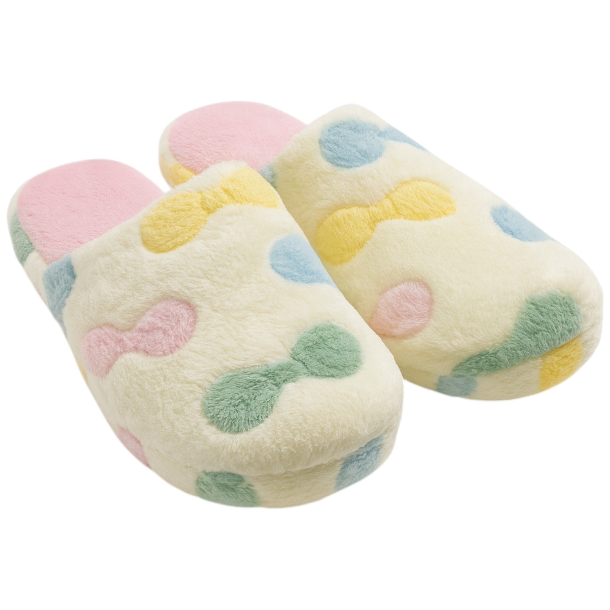 Ladies bow print slippers with pastel multicolour design, soft plush fabric, and slip-on indoor style for warmth and comfort.